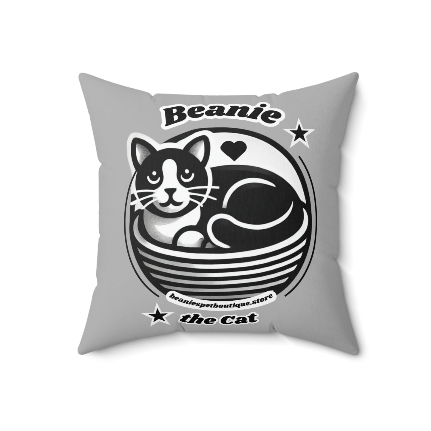 Polyester Square Pillow - 2-sided, Beanie Picture and Beanie Logo - Perfect for Cat Lovers
