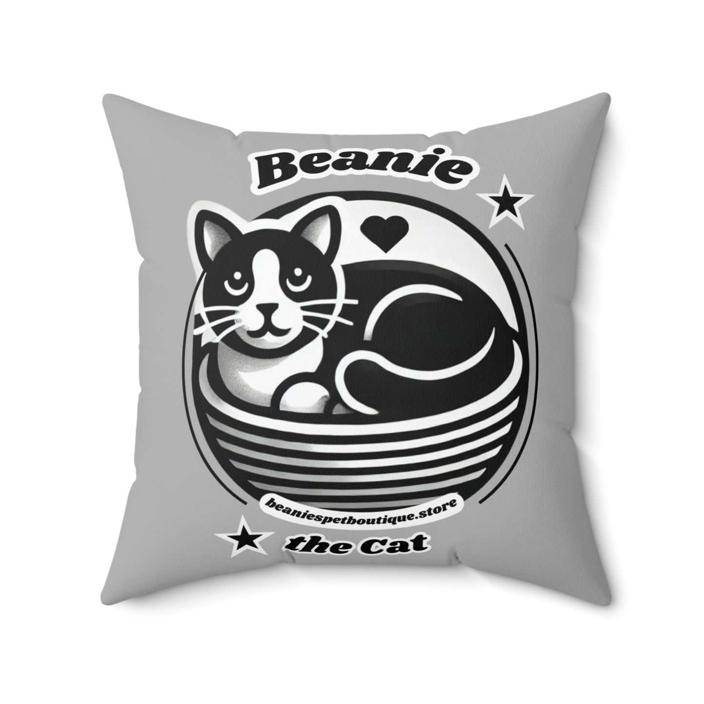 Polyester Square Pillow - 2-sided, Beanie Picture and Beanie Logo - Perfect for Cat Lovers