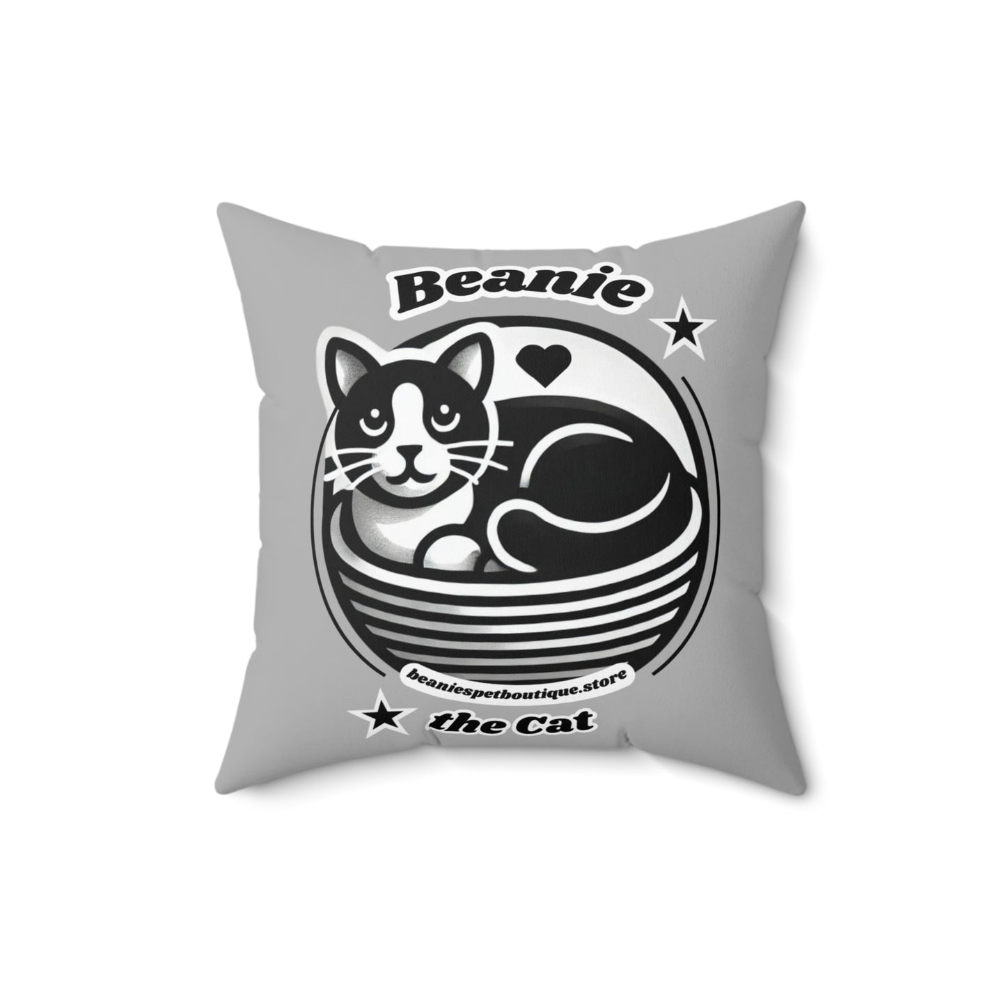 Polyester Square Pillow - 2-sided, Beanie Picture and Beanie Logo - Perfect for Cat Lovers