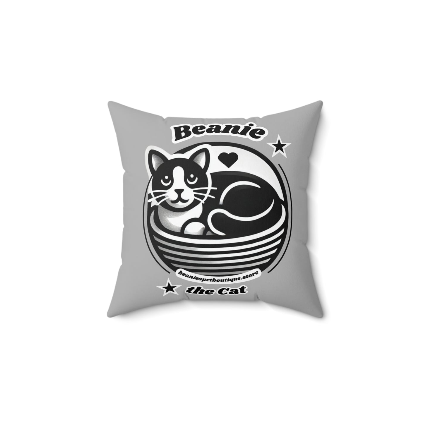 Polyester Square Pillow - 2-sided, Beanie Picture and Beanie Logo - Perfect for Cat Lovers