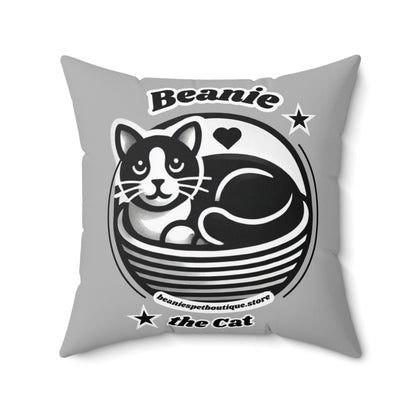 Polyester Square Pillow - 2-sided, Beanie Picture and Beanie Logo -  Perfect for Cat Lovers