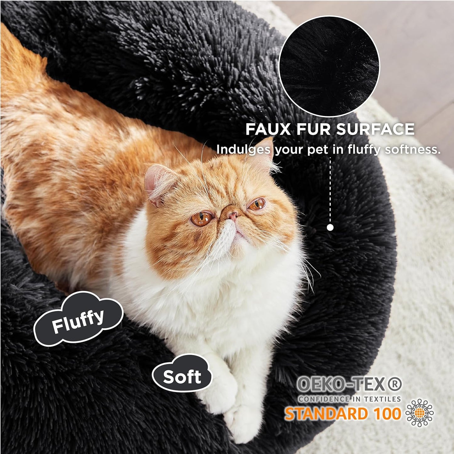 Calming Cat Beds for Indoor Cats - Small Cat Bed Washable 20 Inches, Anti-Slip round Fluffy Plush Faux Fur Pet Bed, Fits up to 15 Lbs Pets, Black