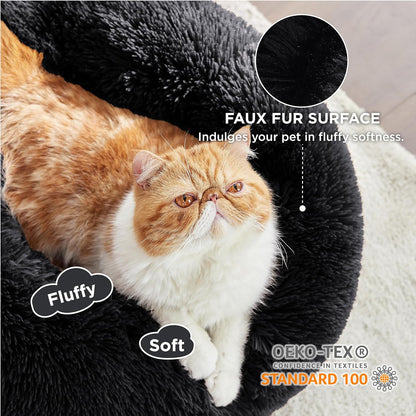 Calming Cat Beds for Indoor Cats - Small Cat Bed Washable 20 Inches, Anti-Slip round Fluffy Plush Faux Fur Pet Bed, Fits up to 15 Lbs Pets, Black