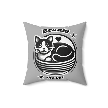 Polyester Square Pillow - 2-sided, Beanie Picture and Beanie Logo -  Perfect for Cat Lovers