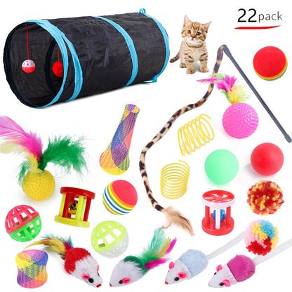 22Pcs Cat Toys Kitten Toy Set Tunnel Interactive Cat Toys Cat Tunnel Leopard Print Teasing Stick Fluffy Mouse Crinkle Ball for Cats