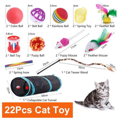 22Pcs Cat Toys Kitten Toy Set Tunnel Interactive Cat Toys Cat Tunnel Leopard Print Teasing Stick Fluffy Mouse Crinkle Ball for Cats