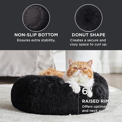 Calming Cat Beds for Indoor Cats - Small Cat Bed Washable 20 Inches, Anti-Slip round Fluffy Plush Faux Fur Pet Bed, Fits up to 15 Lbs Pets, Black